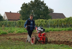 Malotraktor VARI GLOBAL s pluhem APH-352 při práci